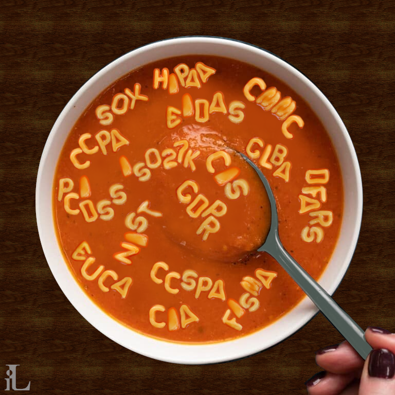 An image depicting a bowl of soup with spaghetti letters spelling out the acronyms of various cybersecurity frameworks.