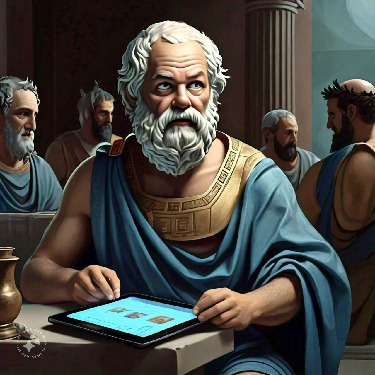 An AI-generated image of Socrates in the Symposium of ancient Greece with a modern tablet.